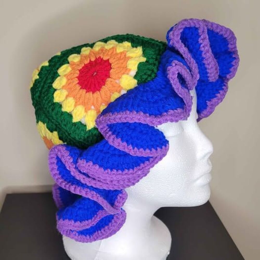 Crocheted Multi-color Ruffle Hat Wig - Picture 2 of 2